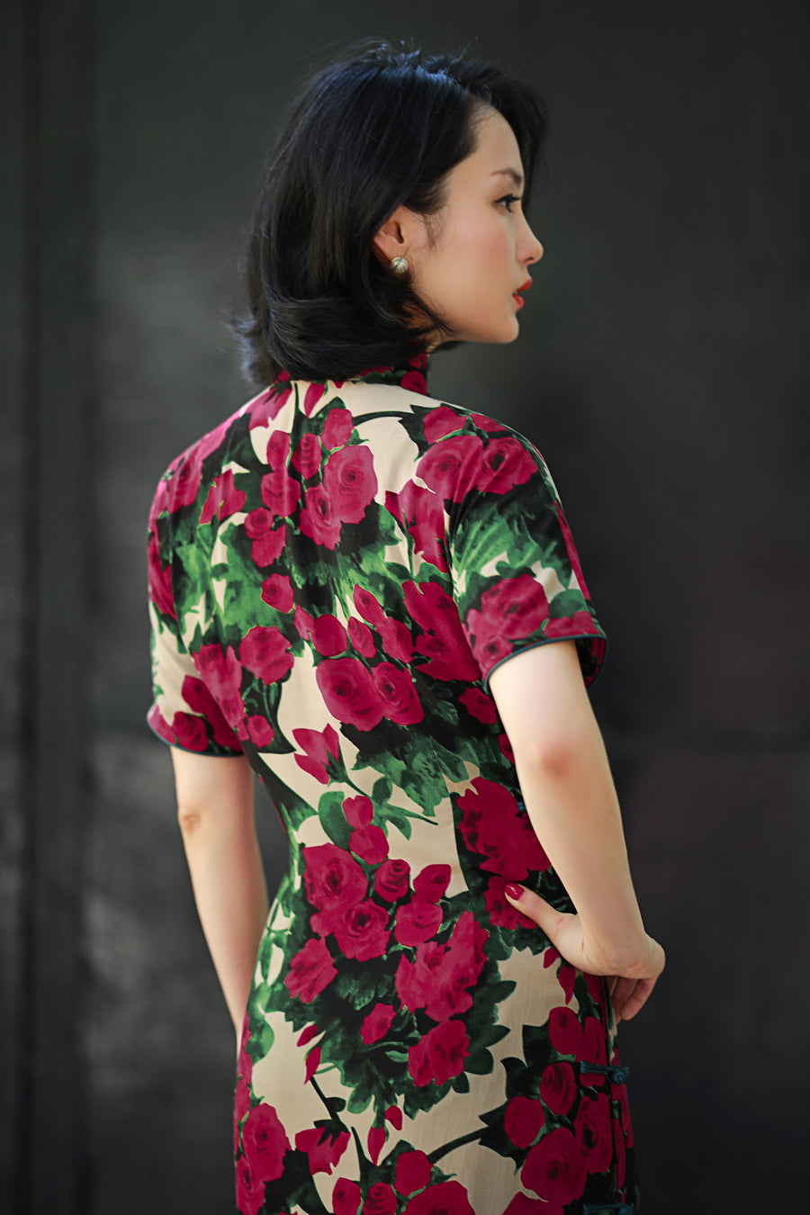 The Classic Short Sleeve Floral Qipao - Magenta and Taupe