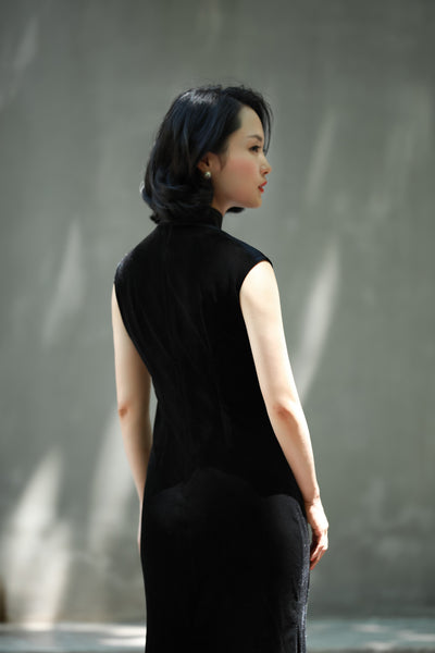 The Velvet Sleeveless Qipao Black The Pankou