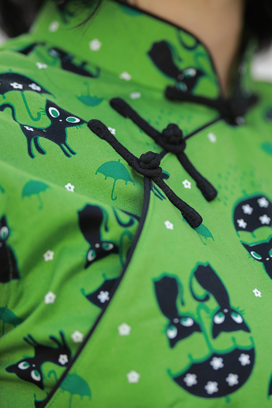 The Quirky Cats and Umbrellas Qipao - Lime Green