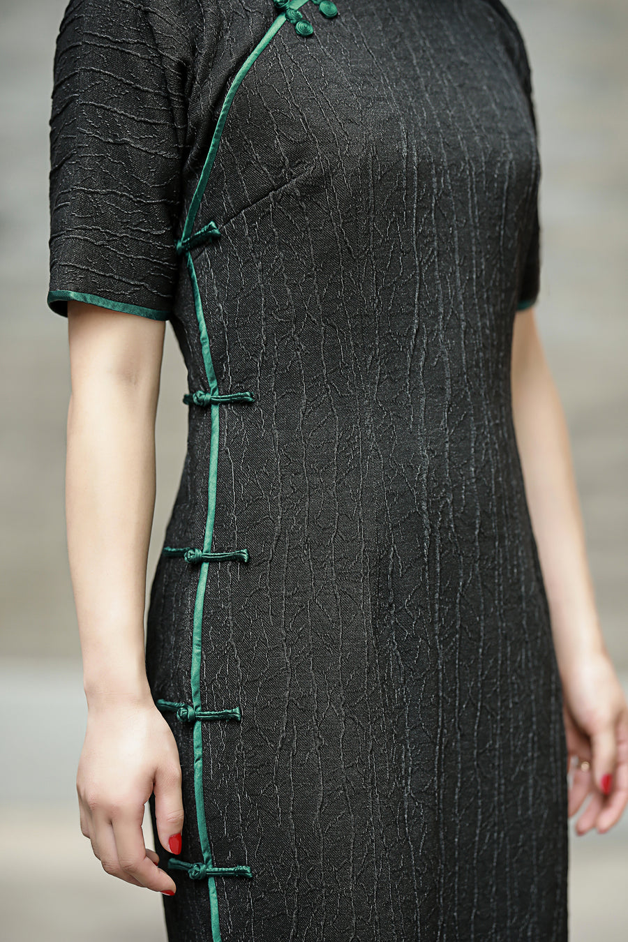 The Touch of Teal Qipao - Textured Charcoal