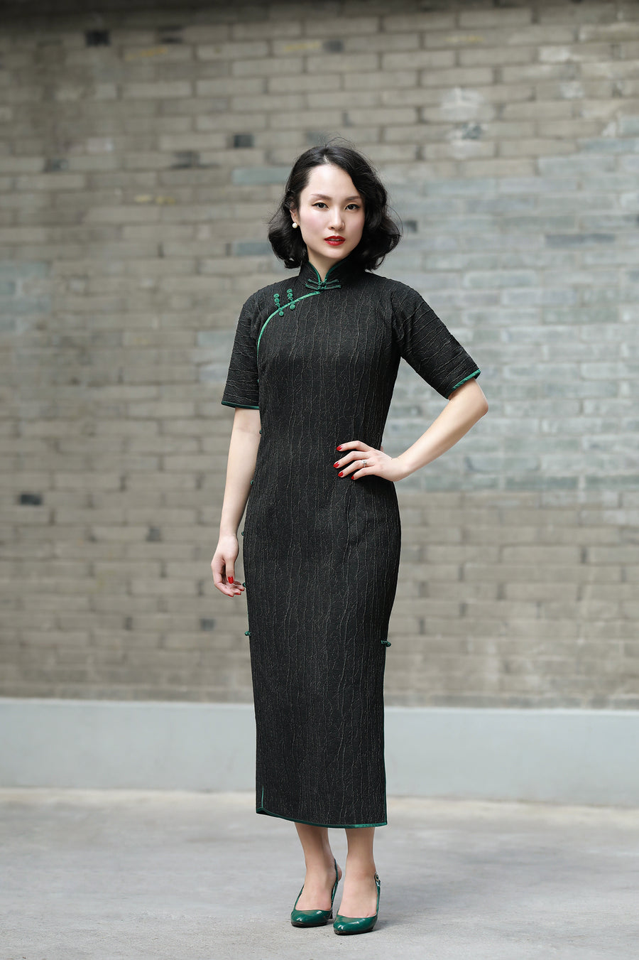 The Touch of Teal Qipao - Textured Charcoal